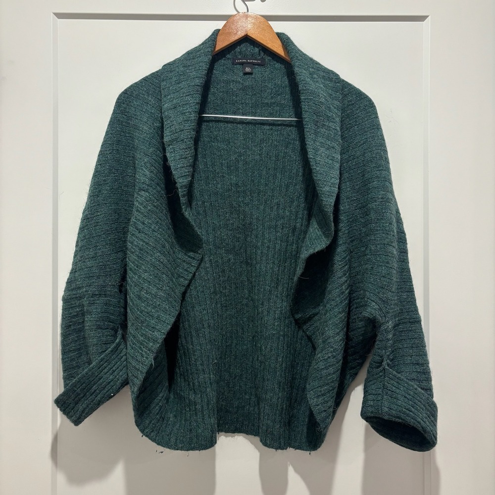 Banana Republic Women's ML Green Wool Alpaca Ribbed Open Front Cocoon Cardigan